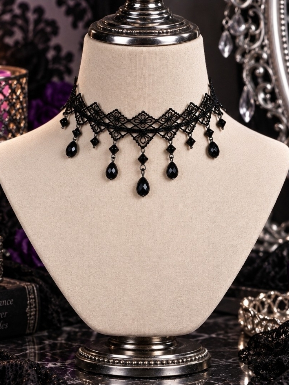 Boutique | Gothic Black Lace Teardrop Bead Dangle Choker | One Size | NWT